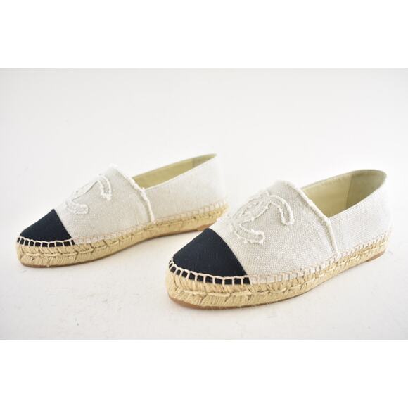 Chanel REV Beige Black Linen Canvas CC Logo Double Sole Espadrille Flat 37 RARE - Picture 10 of 12